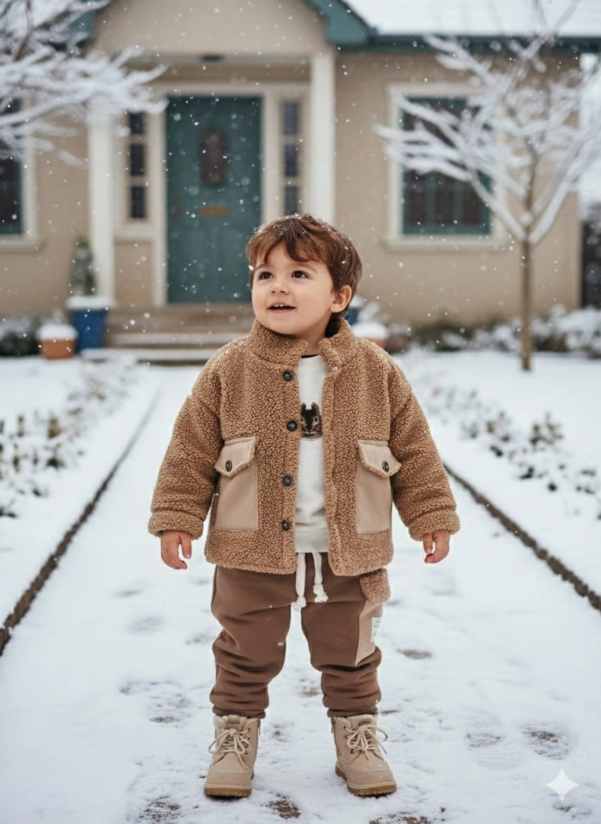 JİKKO 8169 Erkek Bebek Pelüş Mont Penye Pantolon 3lü Takım