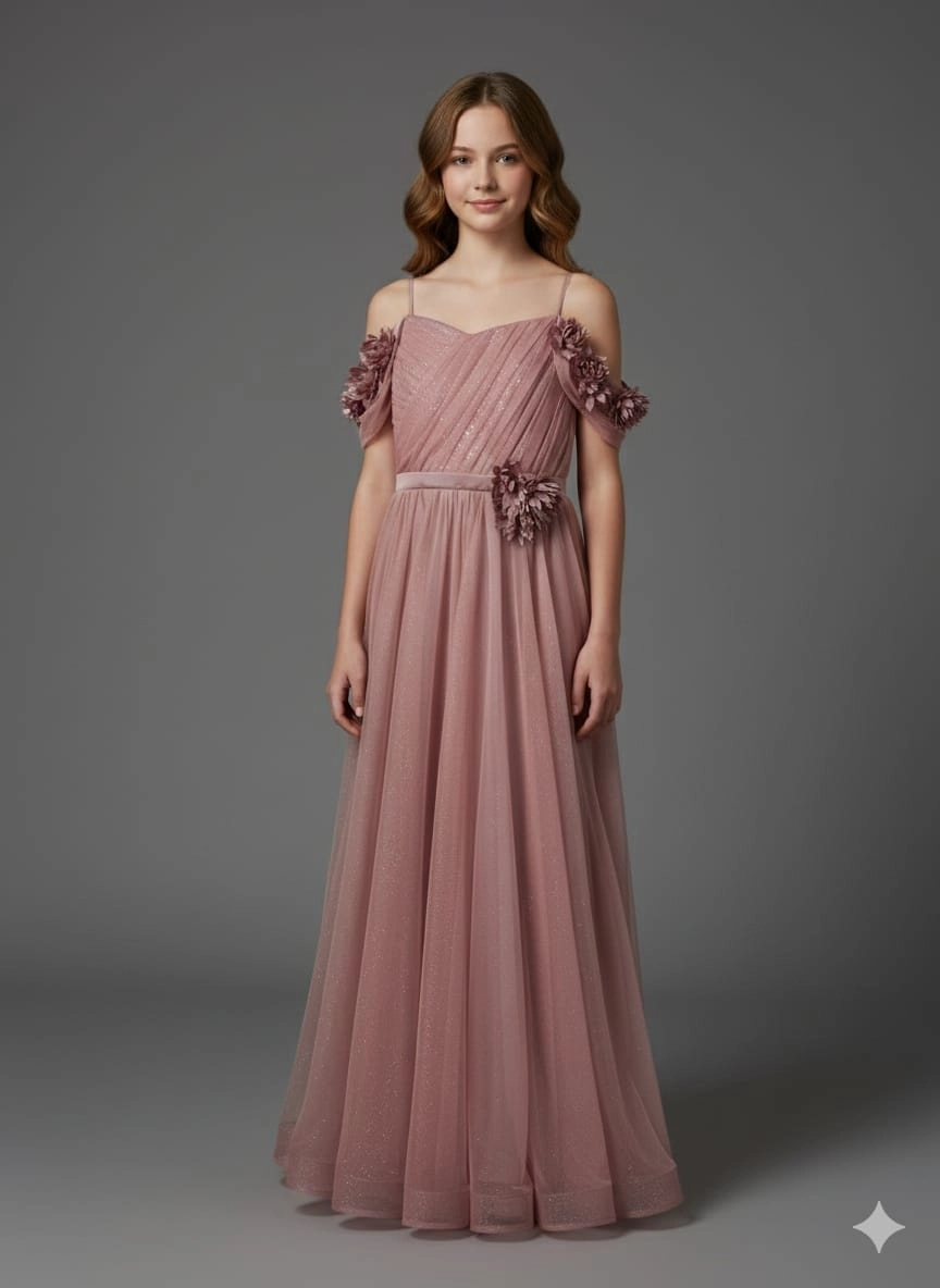 ONBUCO Kids 1586 Kız Çocuk İnce Askılı Beli Çiçekli Çocuk Abiye