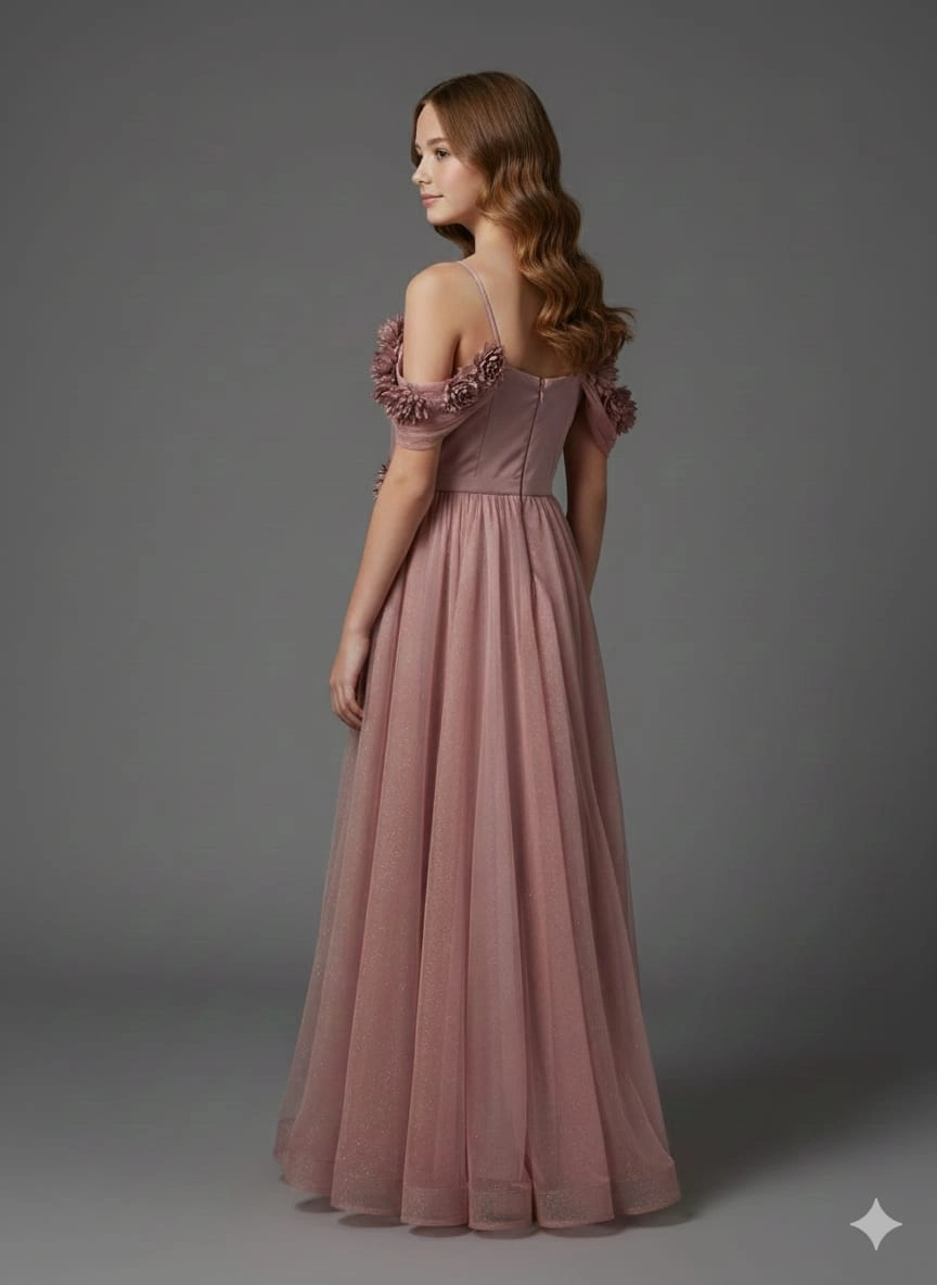 ONBUCO Kids 1586 Kız Çocuk İnce Askılı Beli Çiçekli Çocuk Abiye