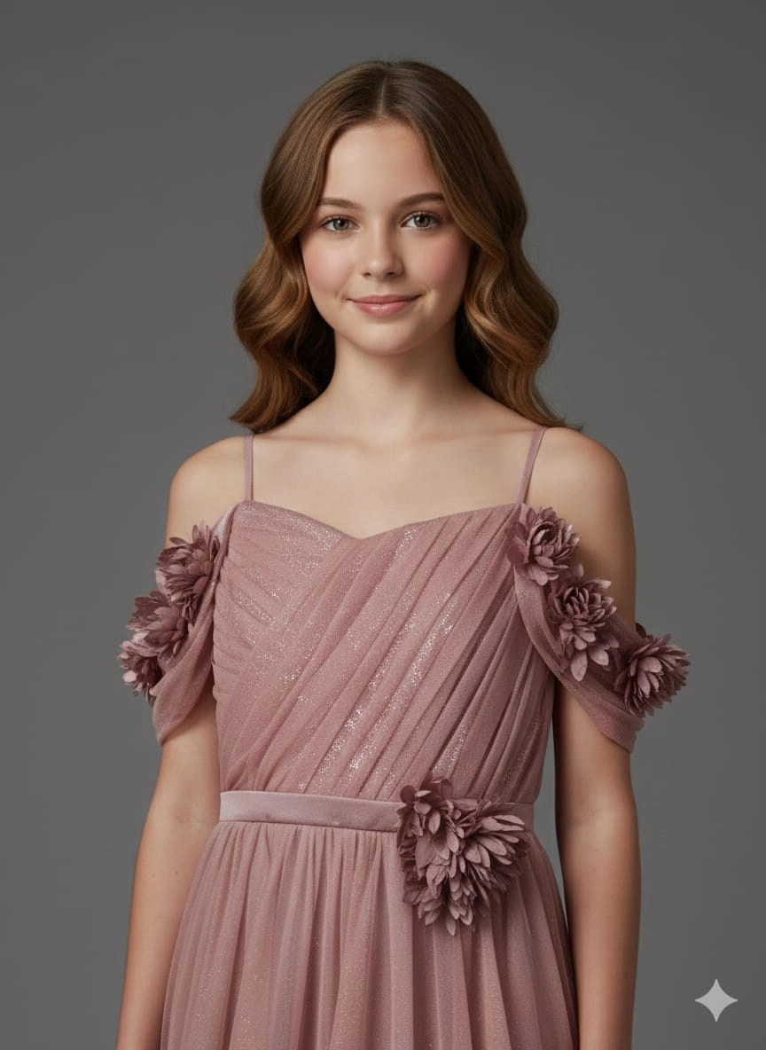 ONBUCO Kids 1586 Kız Çocuk İnce Askılı Beli Çiçekli Çocuk Abiye