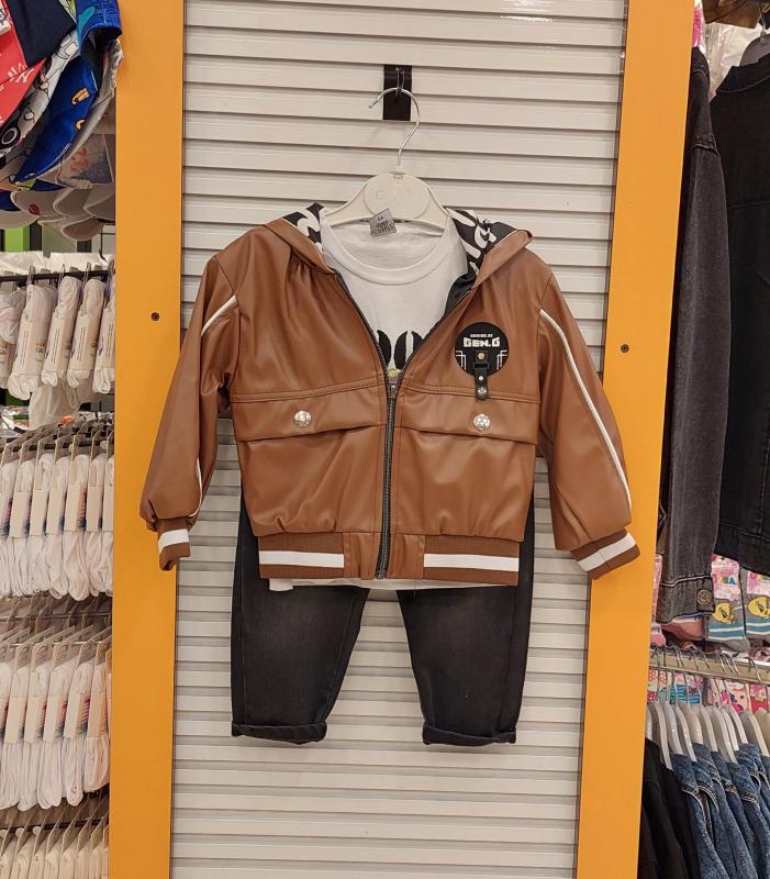 CANÖZ Kids 2851 Erkek Çocuk Deri Ceket 3lü Takım