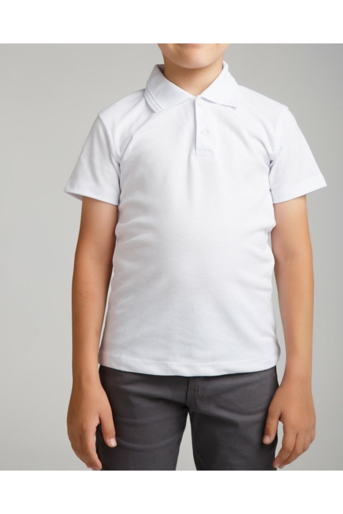 Unisex Çocuk Polo Yaka Beyaz Kısa Kol Okul Lakos