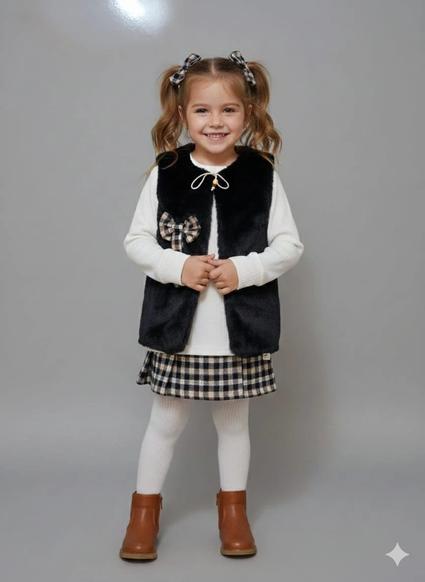 BURÇ Kids 2901 Kız Çocuk Şortlu Etek Yelek Penyeli 3lü Takım