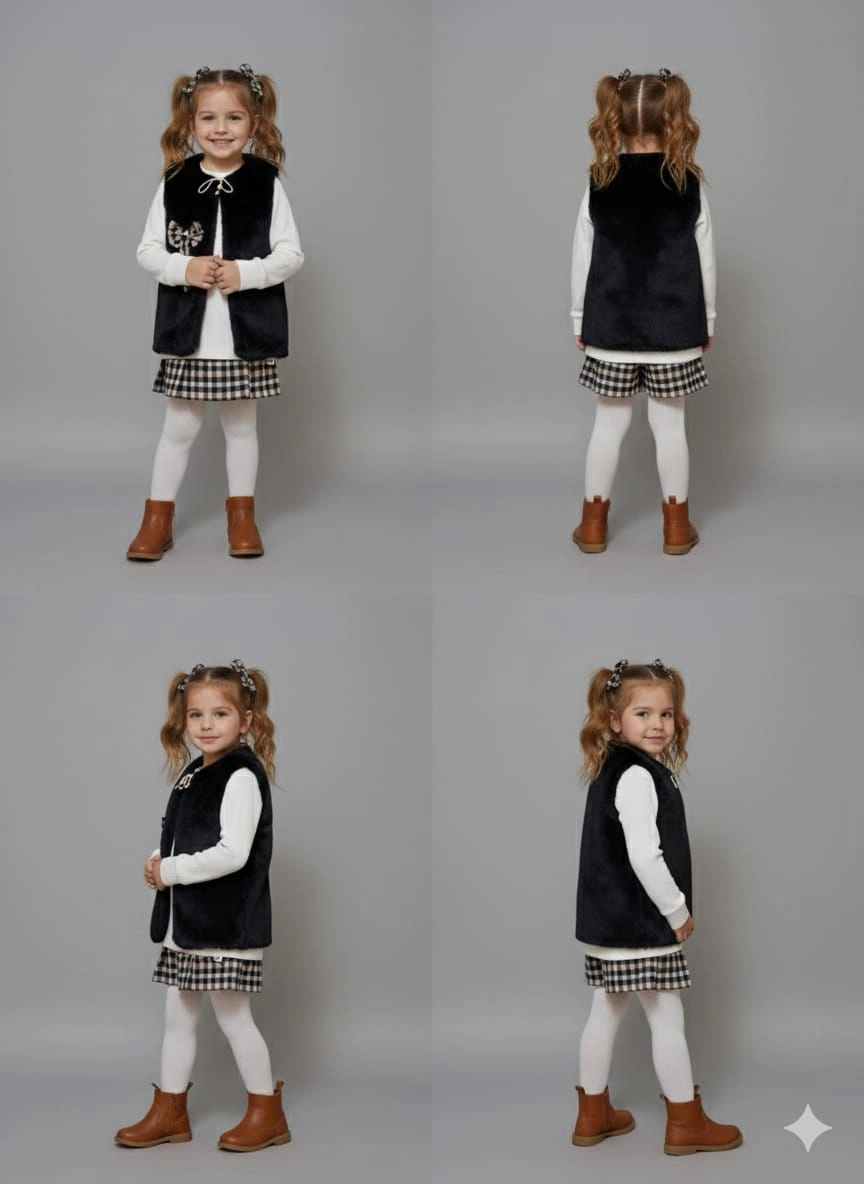 BURÇ Kids 2901 Kız Çocuk Şortlu Etek Yelek Penyeli 3lü Takım