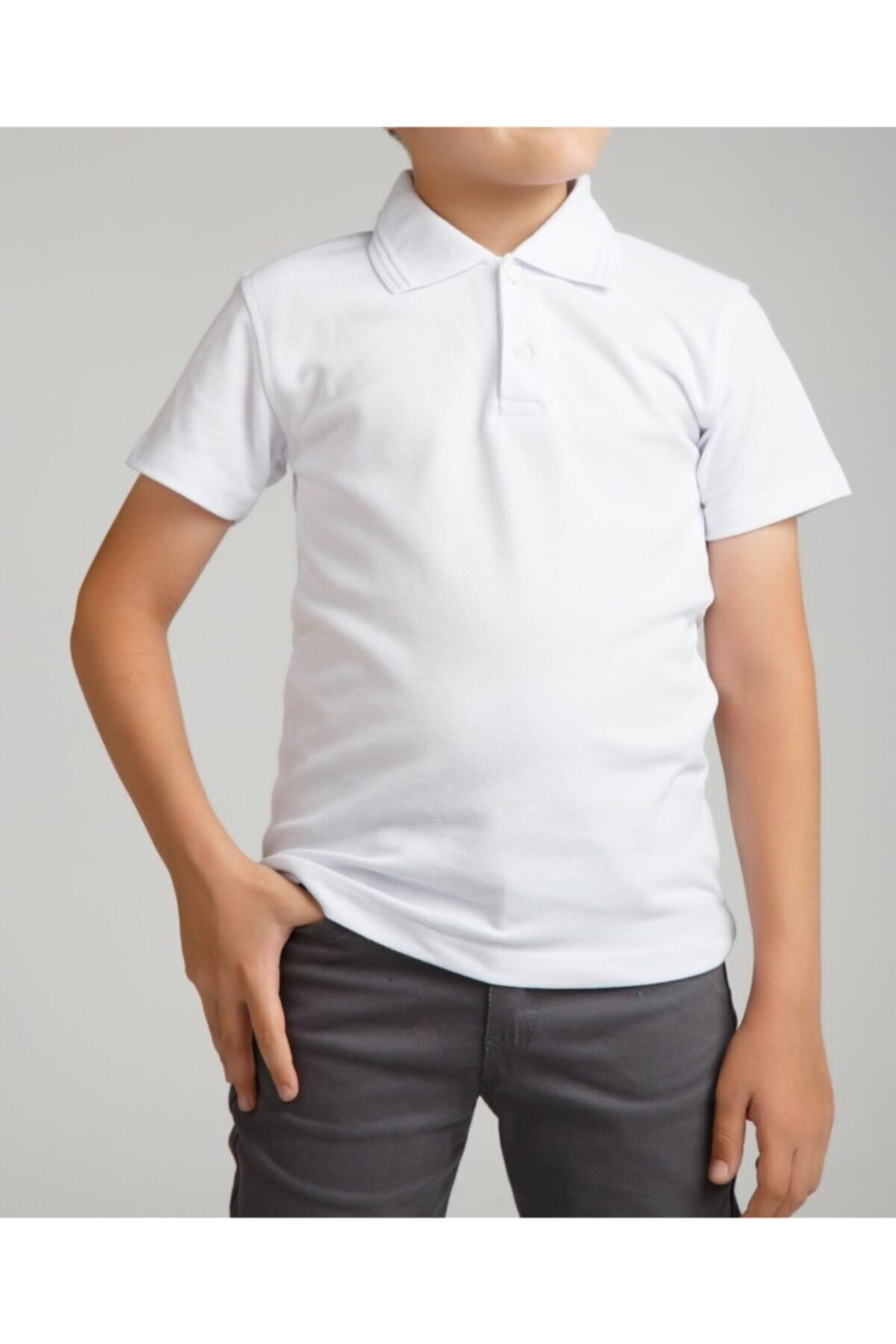 Unisex Çocuk Polo Yaka Beyaz Kısa Kol Okul Lakos