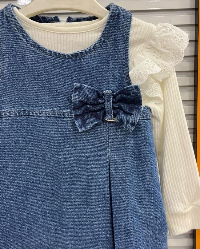 TEBESSÜM Kids 0558 Kız Çocuk Kot Jile 2Li Elbise Takım