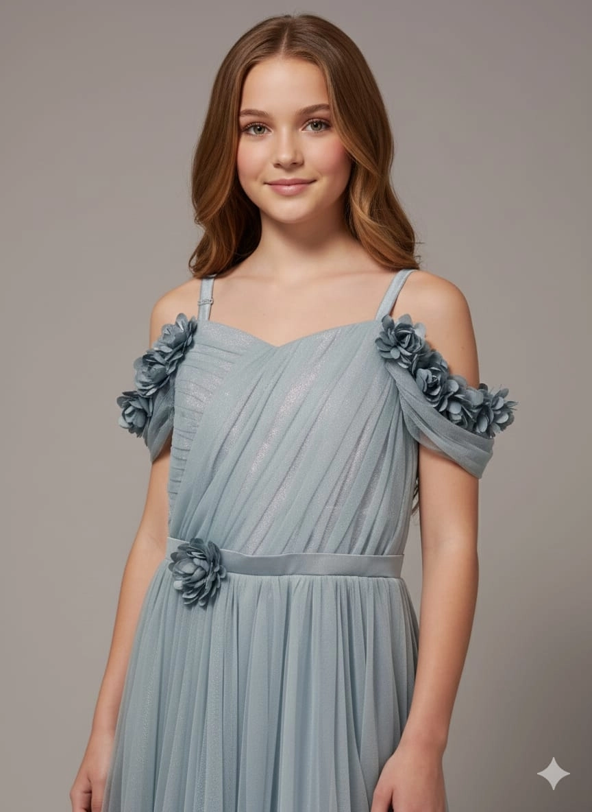 ONBUCO Kids 1586 Kız Çocuk İnce Askılı Beli Çiçekli Çocuk Abiye