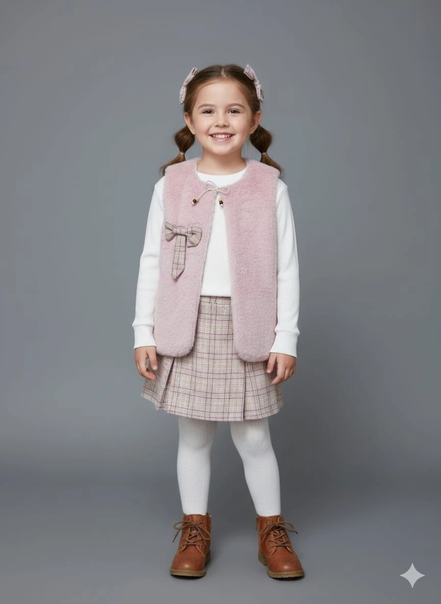 BURÇ Kids 2901 Kız Çocuk Şortlu Etek Yelek Penyeli 3lü Takım