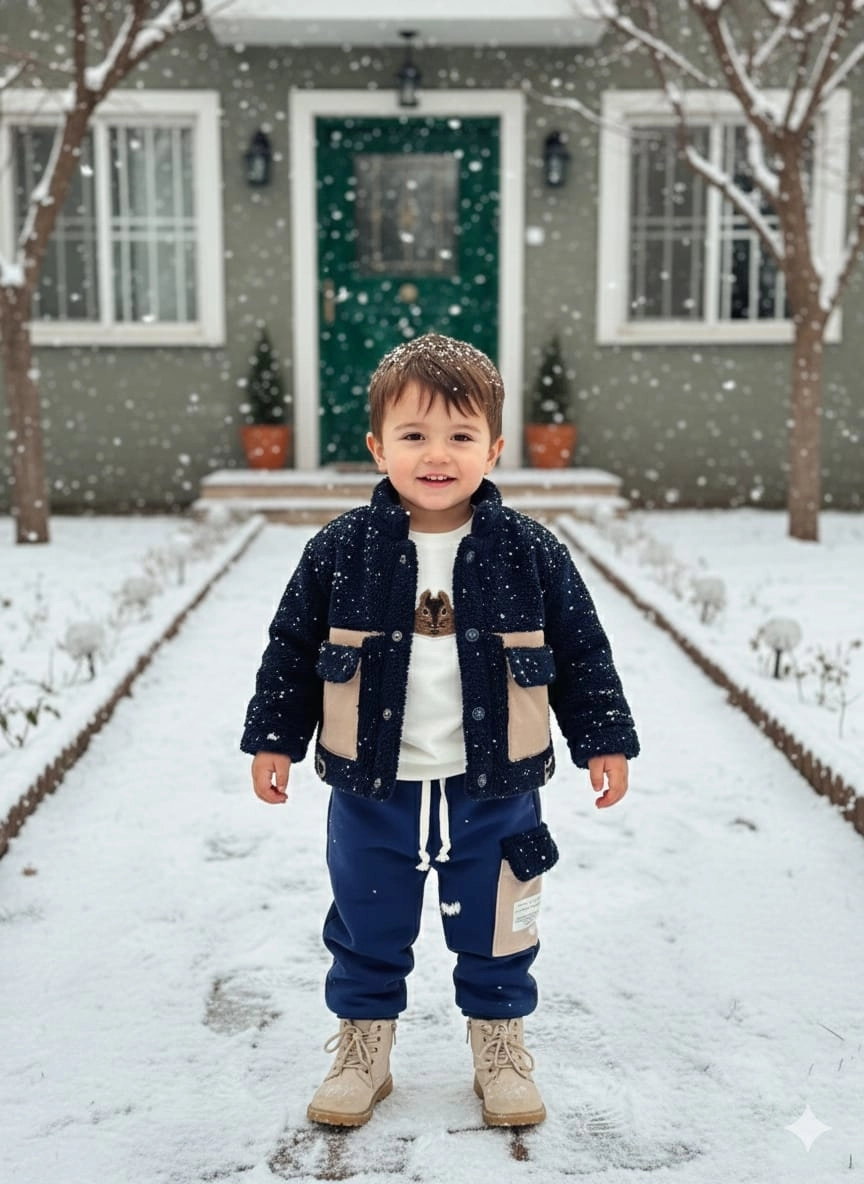 JİKKO 8169 Erkek Bebek Pelüş Mont Penye Pantolon 3lü Takım