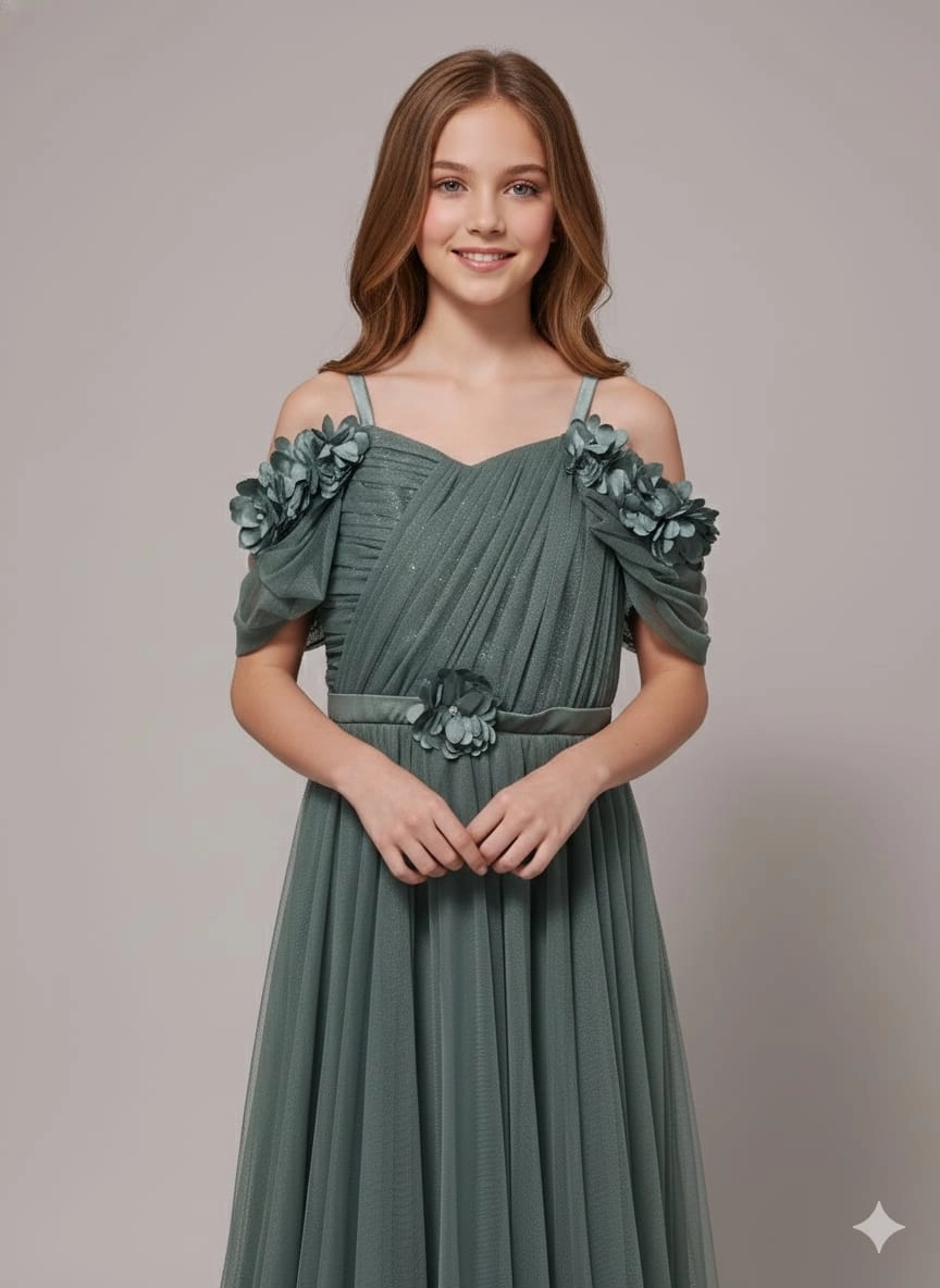 ONBUCO Kids 1586 Kız Çocuk İnce Askılı Beli Çiçekli Çocuk Abiye