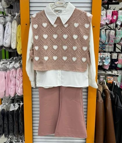 SONÖZ Kids 0167 Kız Çocuk Kalpli Triko 3lü Takım