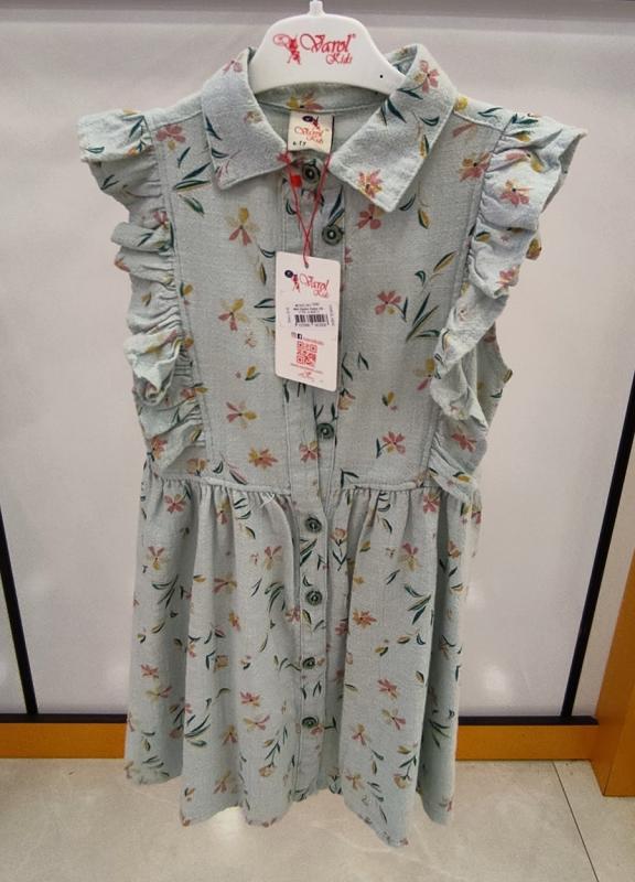 VAROL Kids 0292 Fırfırlı Baskılı Keten Çocuk Elbise
