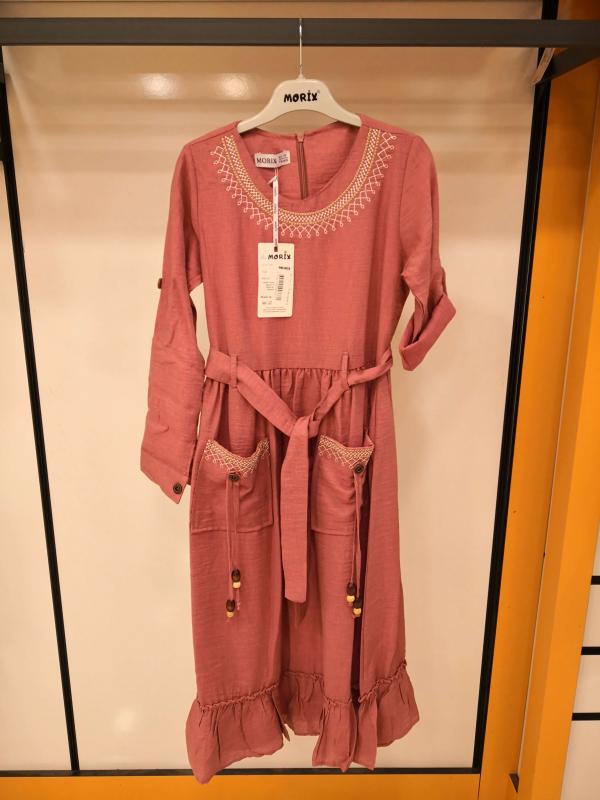 Morix Kids 104 Yakası Nakışlı Uzun Çocuk Elbise