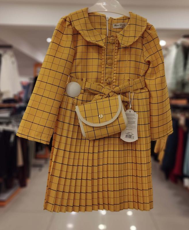 ENFETTO Kids 2383 Çantalı Ekose Kız Çocuk Elbise
