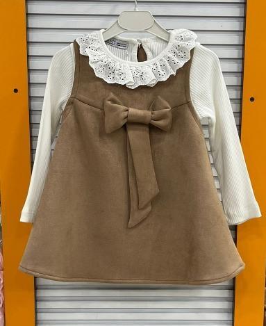 YUFİİ Kids 1002 Kız Çocuk Önü Fiyonklu Süet Elbise