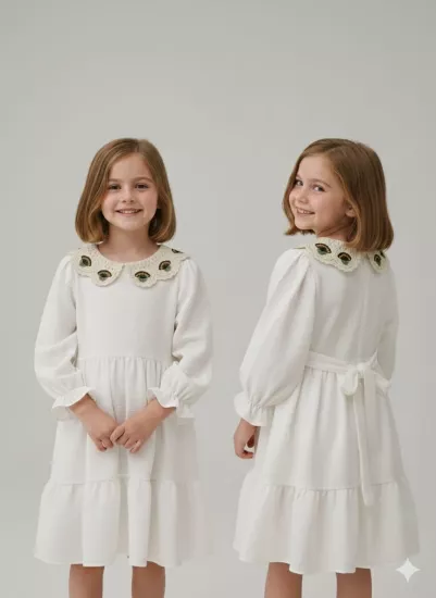 2828 Kız Çocuk Yakalı Brode Elbise