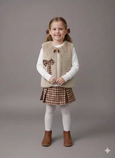 BURÇ Kids 2901 Kız Çocuk Şortlu Etek Yelek Penyeli 3lü Takım