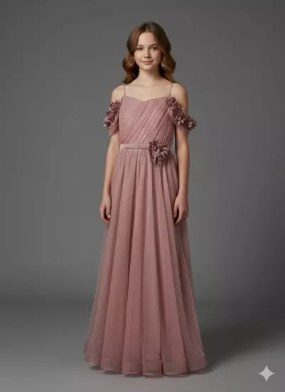 ONBUCO Kids 1586 Kız Çocuk İnce Askılı Beli Çiçekli Çocuk Abiye