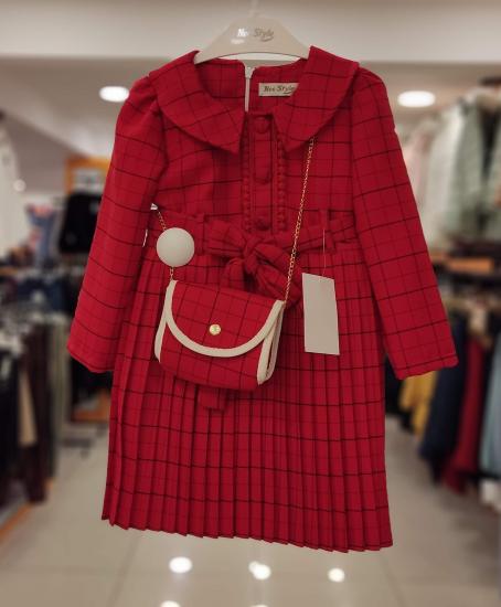 ENFETTO Kids 2383 Çantalı Ekose Kız Çocuk Elbise