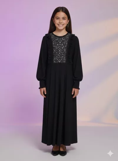 ESMAGÜL Kids 6846 Kız Çocuk Omzu Fırfır Taşlı Elbise