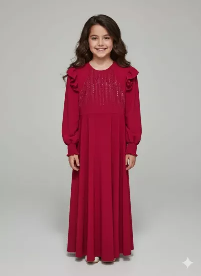ESMAGÜL Kids 6852 Kız Çocuk Omzu Fırfır Taşlı Uzun Elbise Tesettür