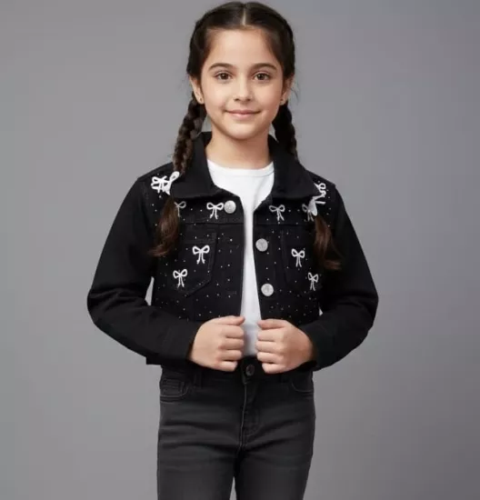 SERCİNO Kids Kız Çocuk Fiyonk Taşlı Kot Ceket