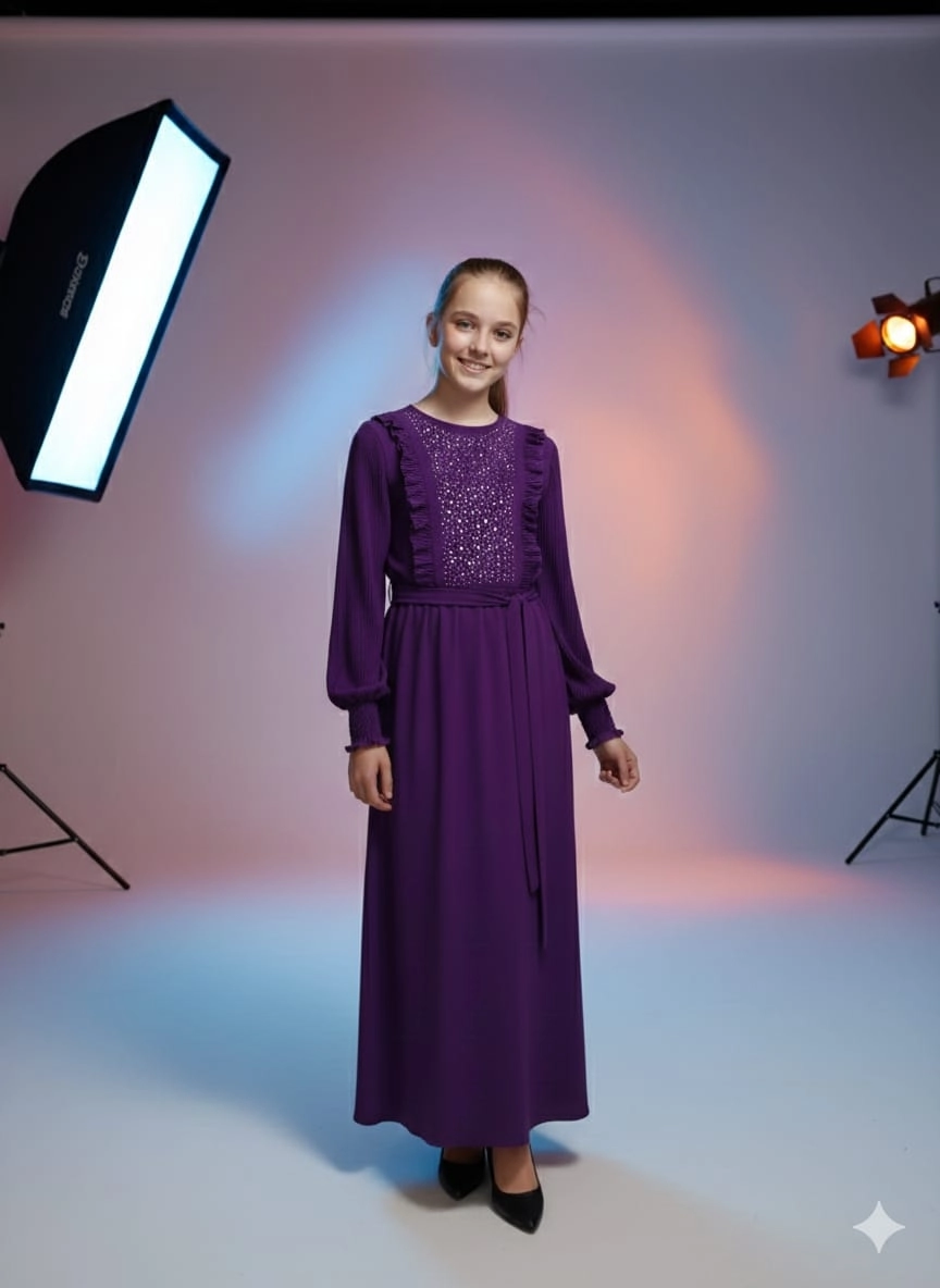 ESMAGÜL Kids 6846 Kız Çocuk Omzu Fırfır Taşlı Elbise