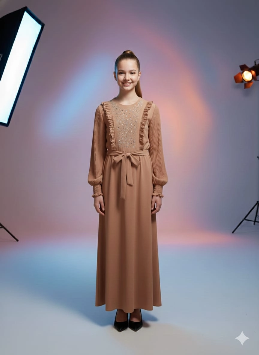 ESMAGÜL Kids 6846 Kız Çocuk Omzu Fırfır Taşlı Elbise