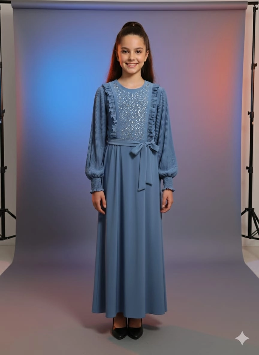 ESMAGÜL Kids 6846 Kız Çocuk Omzu Fırfır Taşlı Elbise
