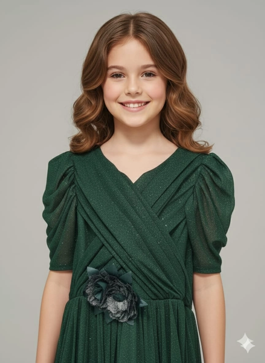 ONBUCO Kids 1582 Kız Çocuk Önü Gül Kollu Uzun Abiye