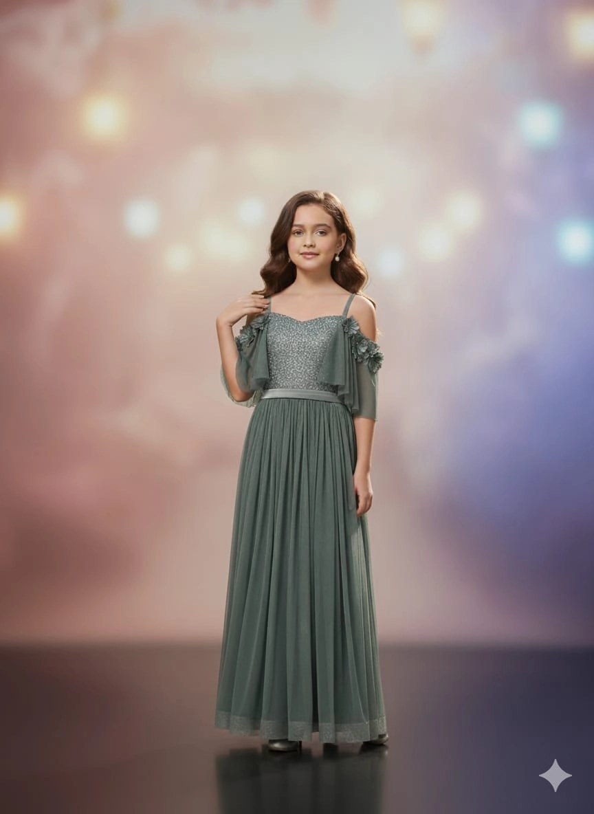 ONBUCO Kids 1347 Kız Çocuk İnce Askılı Simli Çocuk Abiye