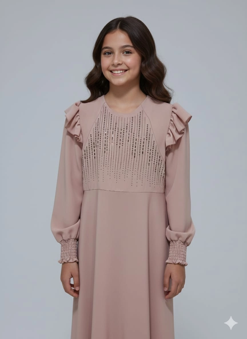ESMAGÜL Kids 6852 Kız Çocuk Omzu Fırfır Taşlı Uzun Elbise Tesettür