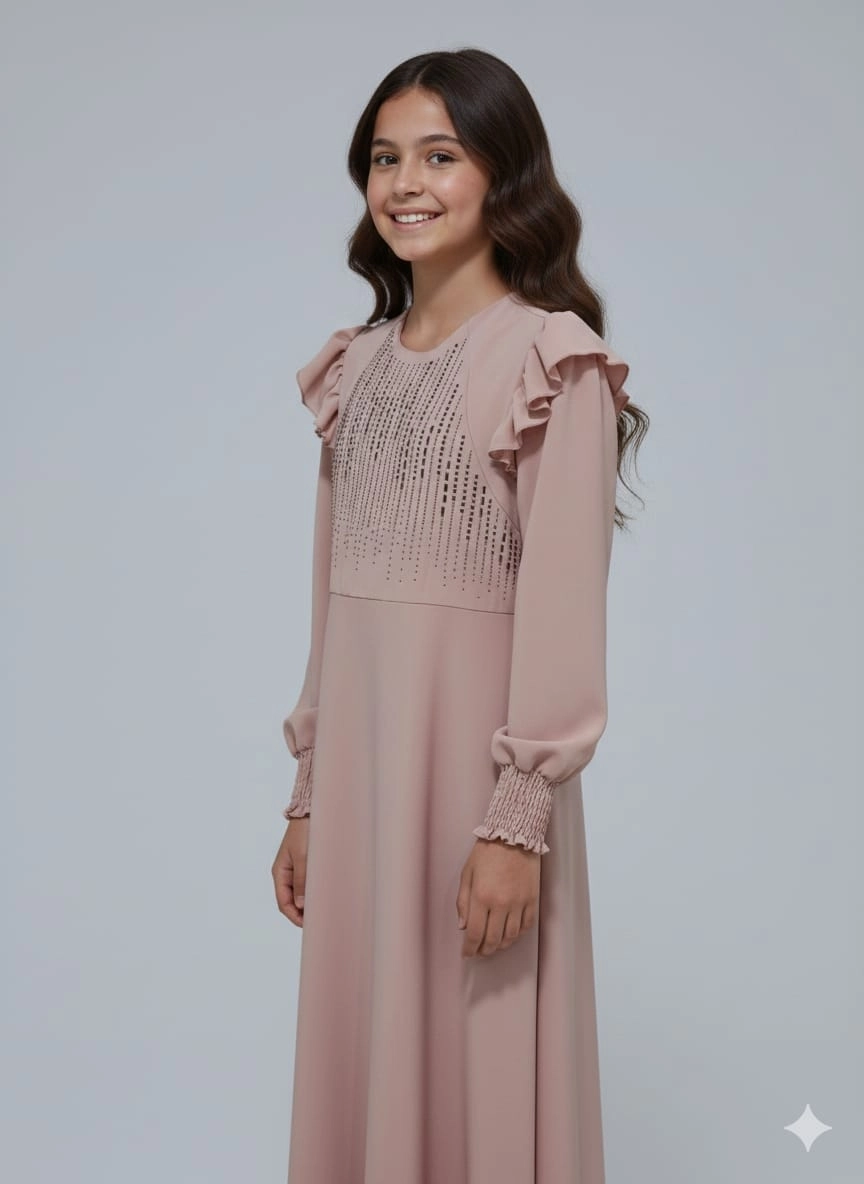 ESMAGÜL Kids 6852 Kız Çocuk Omzu Fırfır Taşlı Uzun Elbise Tesettür