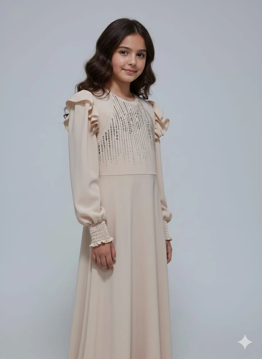 ESMAGÜL Kids 6852 Kız Çocuk Omzu Fırfır Taşlı Uzun Elbise Tesettür