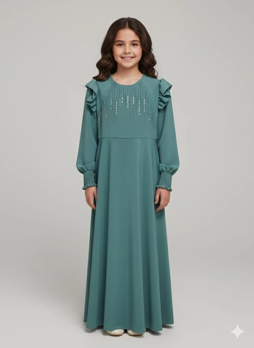 ESMAGÜL Kids 6852 Kız Çocuk Omzu Fırfır Taşlı Uzun Elbise Tesettür