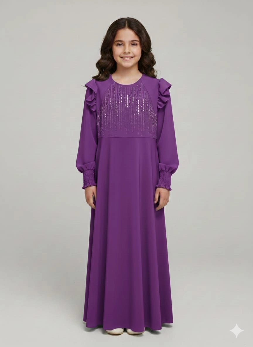 ESMAGÜL Kids 6852 Kız Çocuk Omzu Fırfır Taşlı Uzun Elbise Tesettür