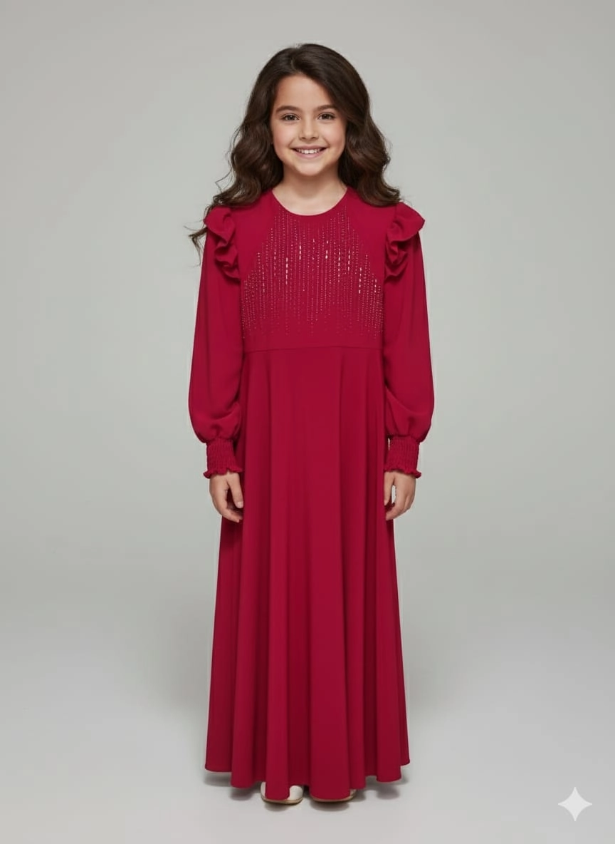 ESMAGÜL Kids 6852 Kız Çocuk Omzu Fırfır Taşlı Uzun Elbise Tesettür