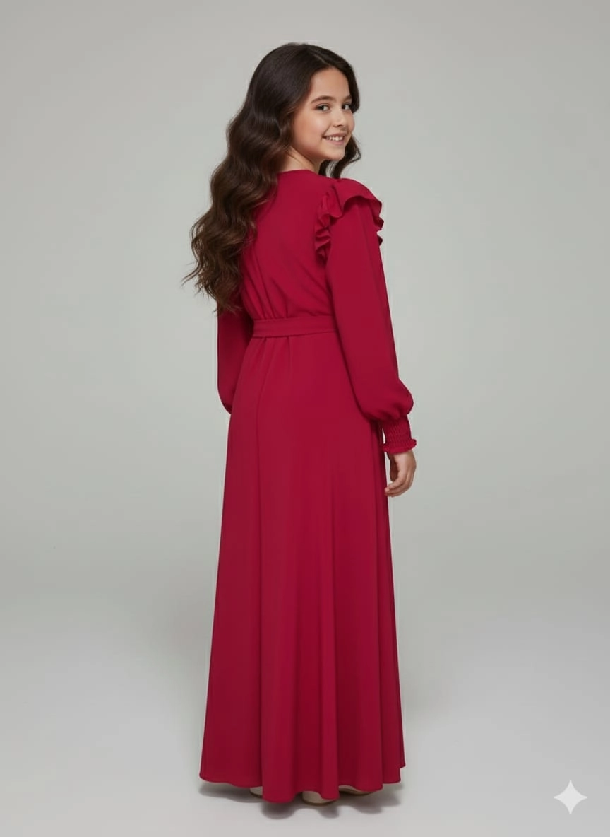 ESMAGÜL Kids 6852 Kız Çocuk Omzu Fırfır Taşlı Uzun Elbise Tesettür