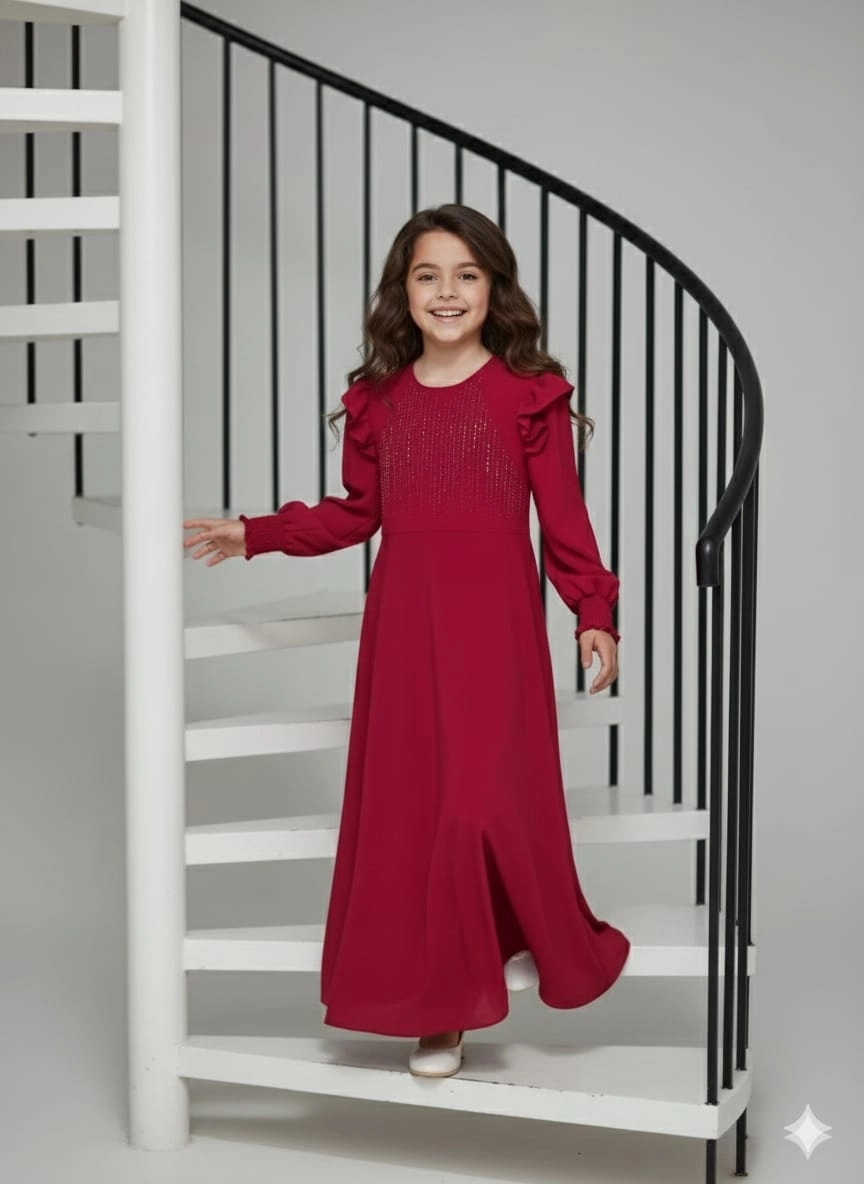 ESMAGÜL Kids 6852 Kız Çocuk Omzu Fırfır Taşlı Uzun Elbise Tesettür