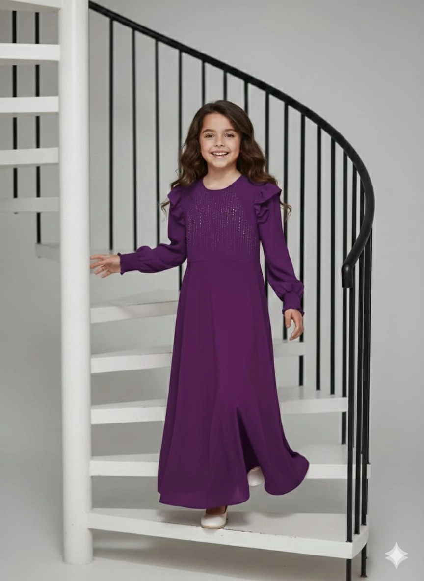 ESMAGÜL Kids 6852 Kız Çocuk Omzu Fırfır Taşlı Uzun Elbise Tesettür