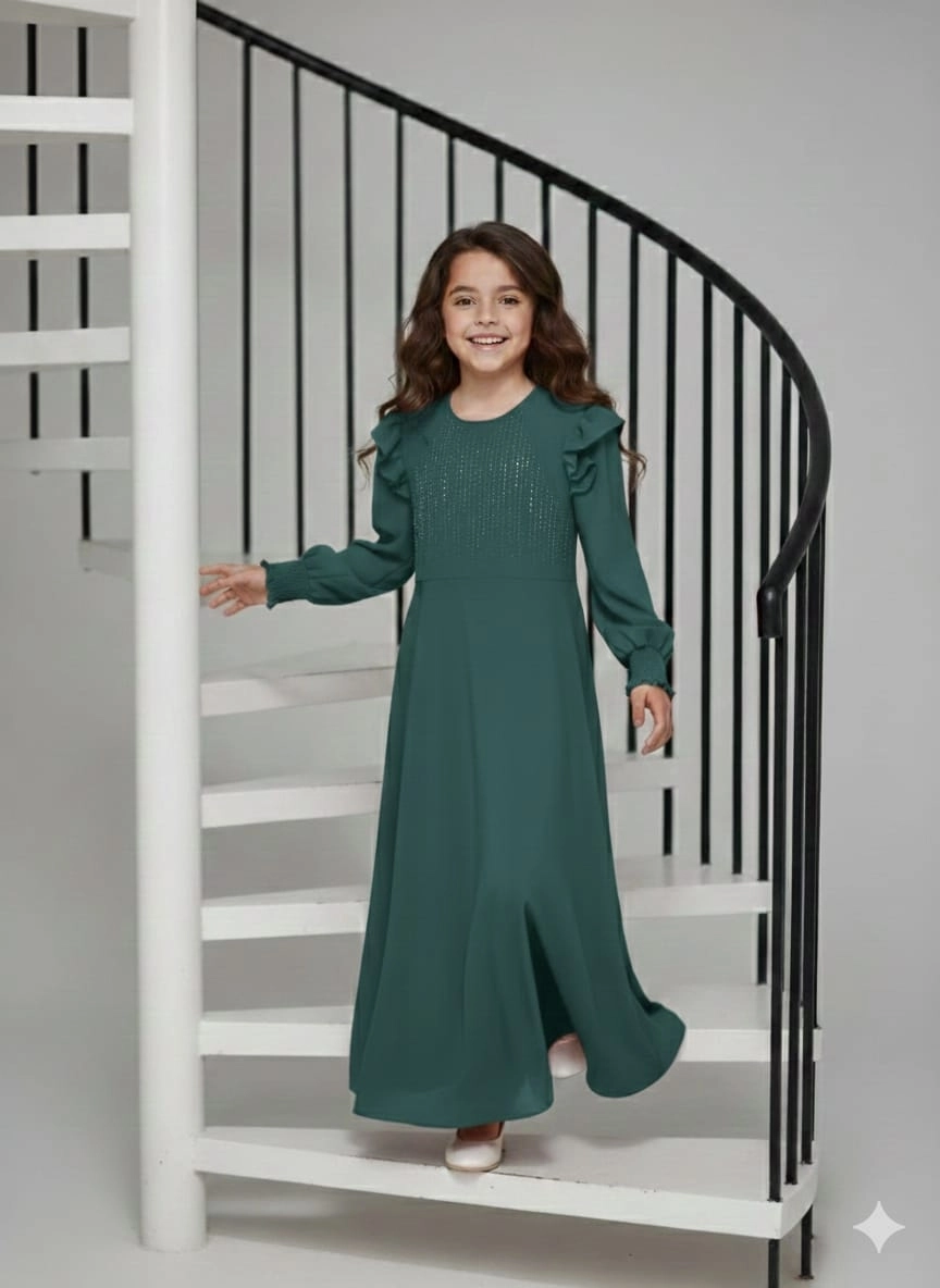 ESMAGÜL Kids 6852 Kız Çocuk Omzu Fırfır Taşlı Uzun Elbise Tesettür