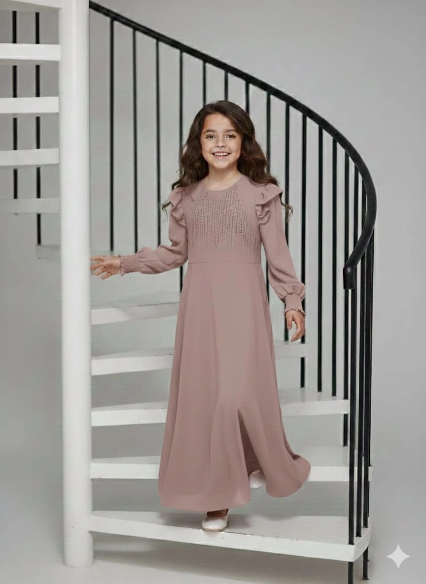 ESMAGÜL Kids 6852 Kız Çocuk Omzu Fırfır Taşlı Uzun Elbise Tesettür