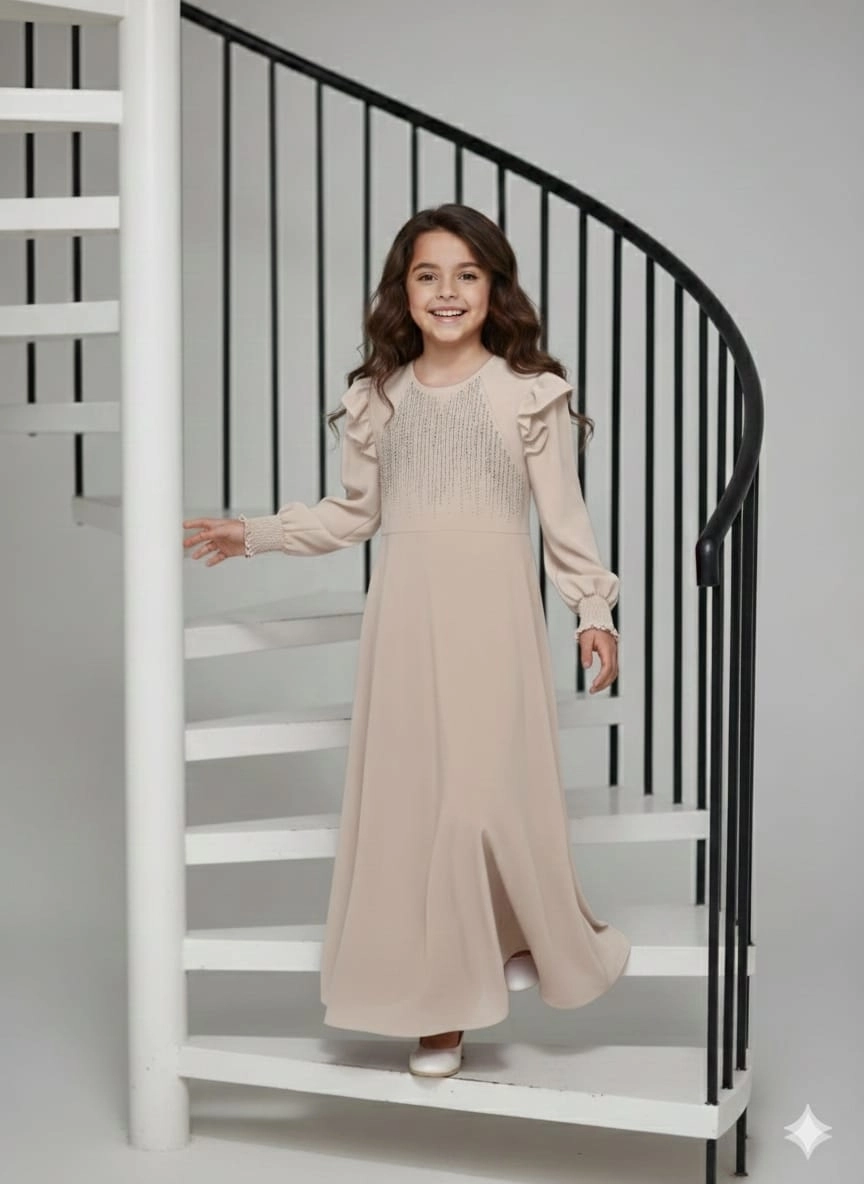 ESMAGÜL Kids 6852 Kız Çocuk Omzu Fırfır Taşlı Uzun Elbise Tesettür
